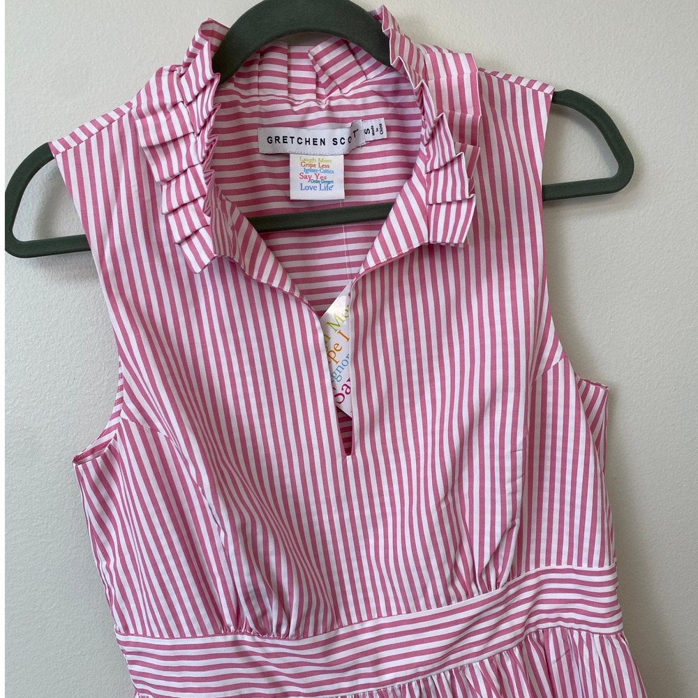 NWT, Gretchen Scott, Hope Dress Pink White Stripe Ruffle Collar Sleeveless Small - Picture 3 of 14